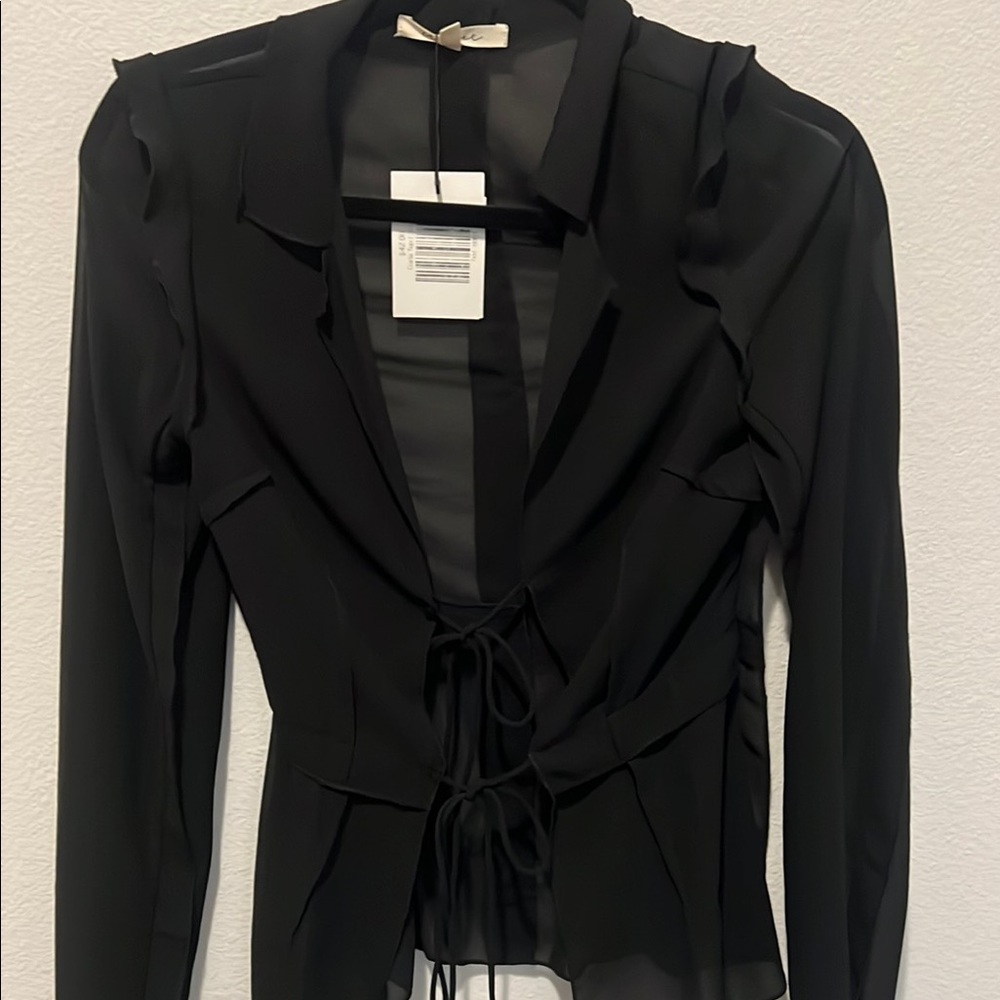 Black Tie-Front Ruffle Blouse